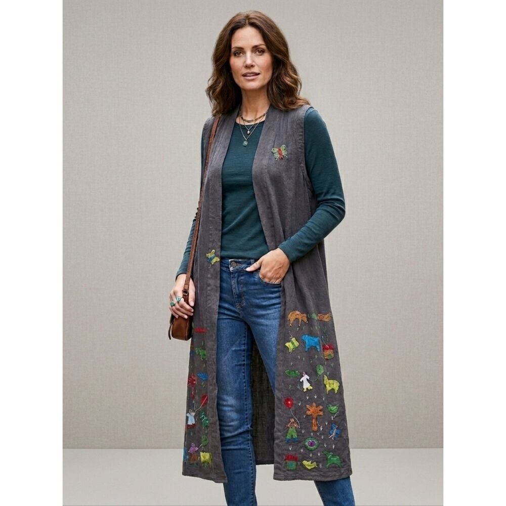 Sacred Threads | Embroidered Artsy Long Line Duster Cardigan Vest Lagenlook S